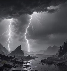 Turbulent grey canvas, jagged bolts of lightning illuminate the gloom ,  black,  abstract,  weather photography