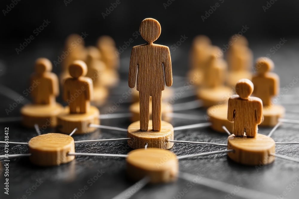 Poster wooden figurines representing human connections and networking on a dark background illustrating tea