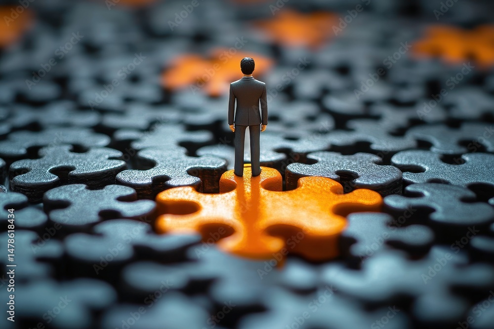 Poster businessman standing on a puzzle piece representing problem solving and strategic thinking in a comp