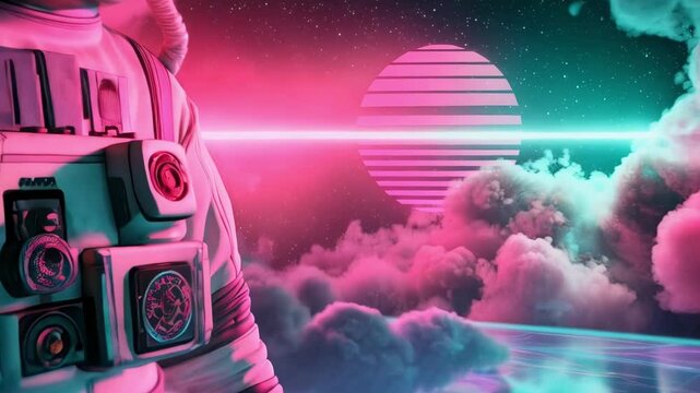 Astronaut in spacesuit with neon lights and clouds in a retro futuristic scene