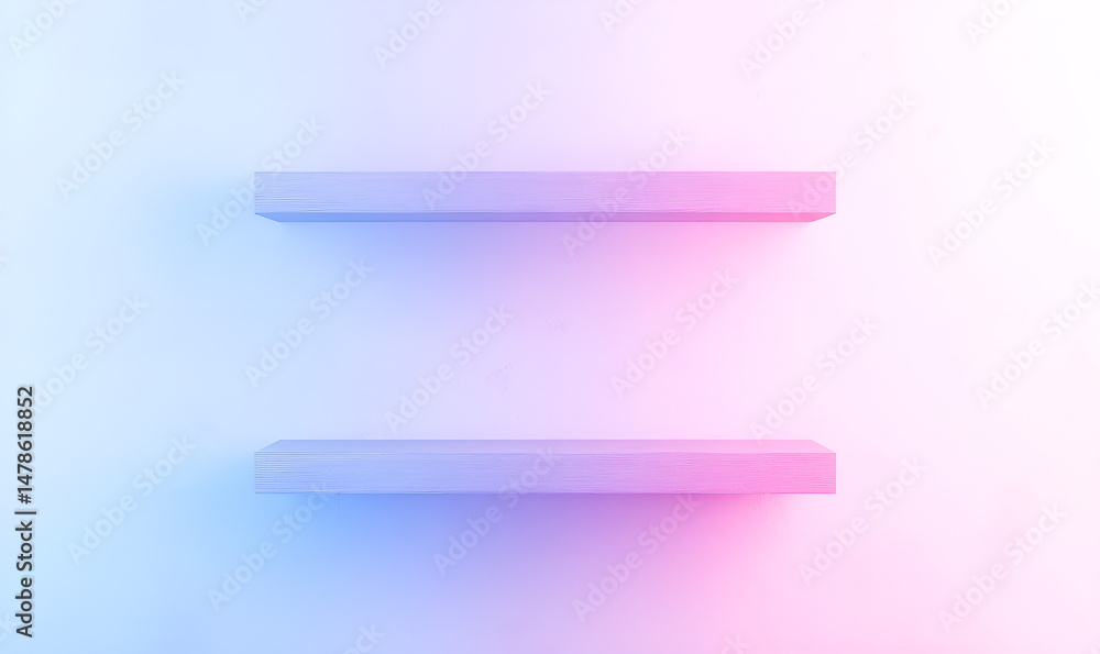 Poster two floating empty shelves with color gradient illumination against a pastel background for product 
