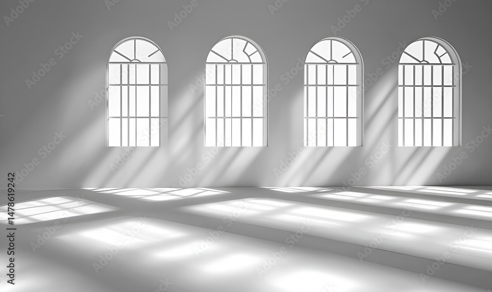 Poster architectural interior featuring four arched windows with shadows and light creating abstract patter
