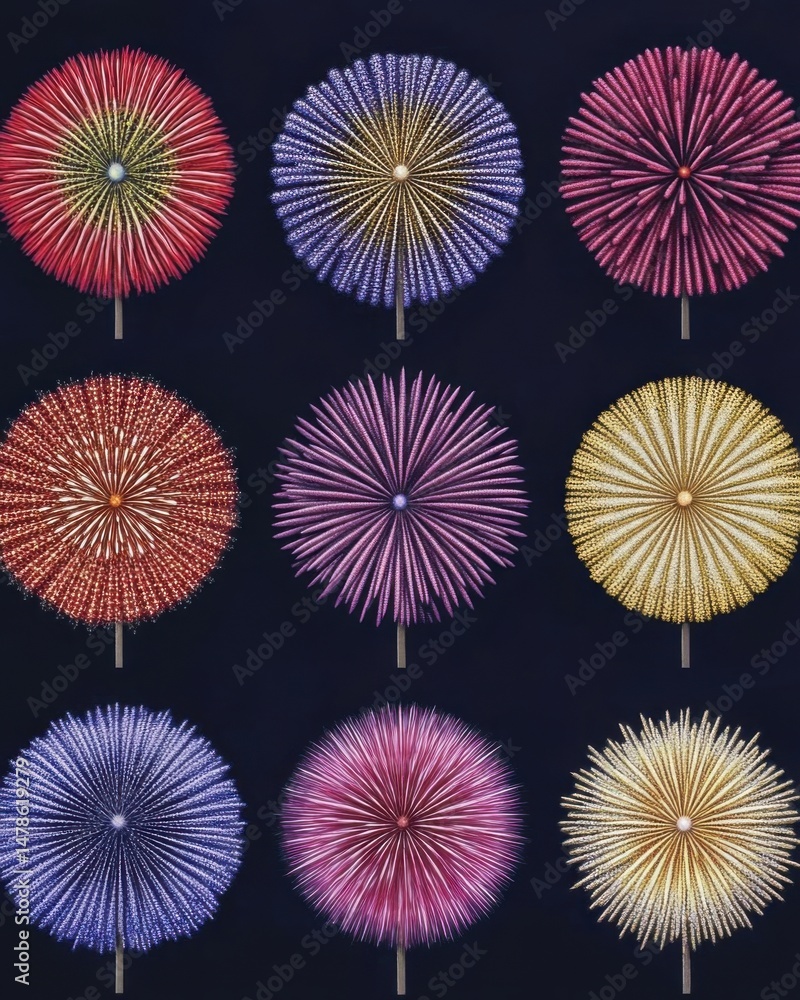 Poster nine colorful fireworks exploding in a grid pattern against a dark blue background overhead shot cel