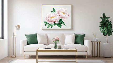 Blush pink peony art with elegant layout and blooming florals in soft light