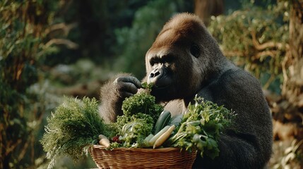 Gorilla eating vegetables in forest