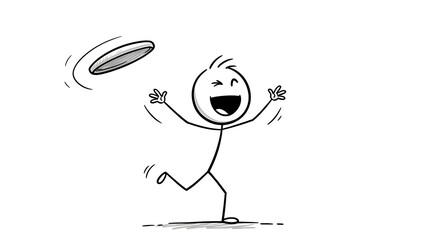 Animated stick figure joyfully playing frisbee against a clean white backdrop