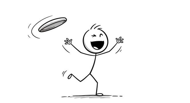 Animated stick figure joyfully playing frisbee against a clean white backdrop