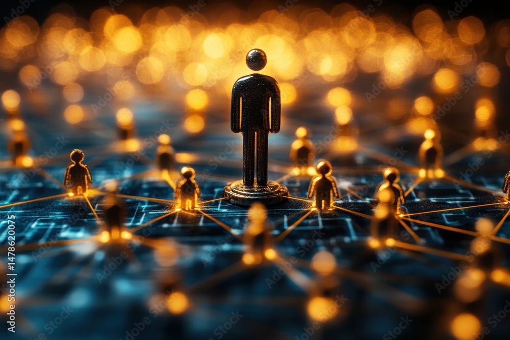 Poster golden figure standing among glowing interconnected nodes representing virtual connections and socia