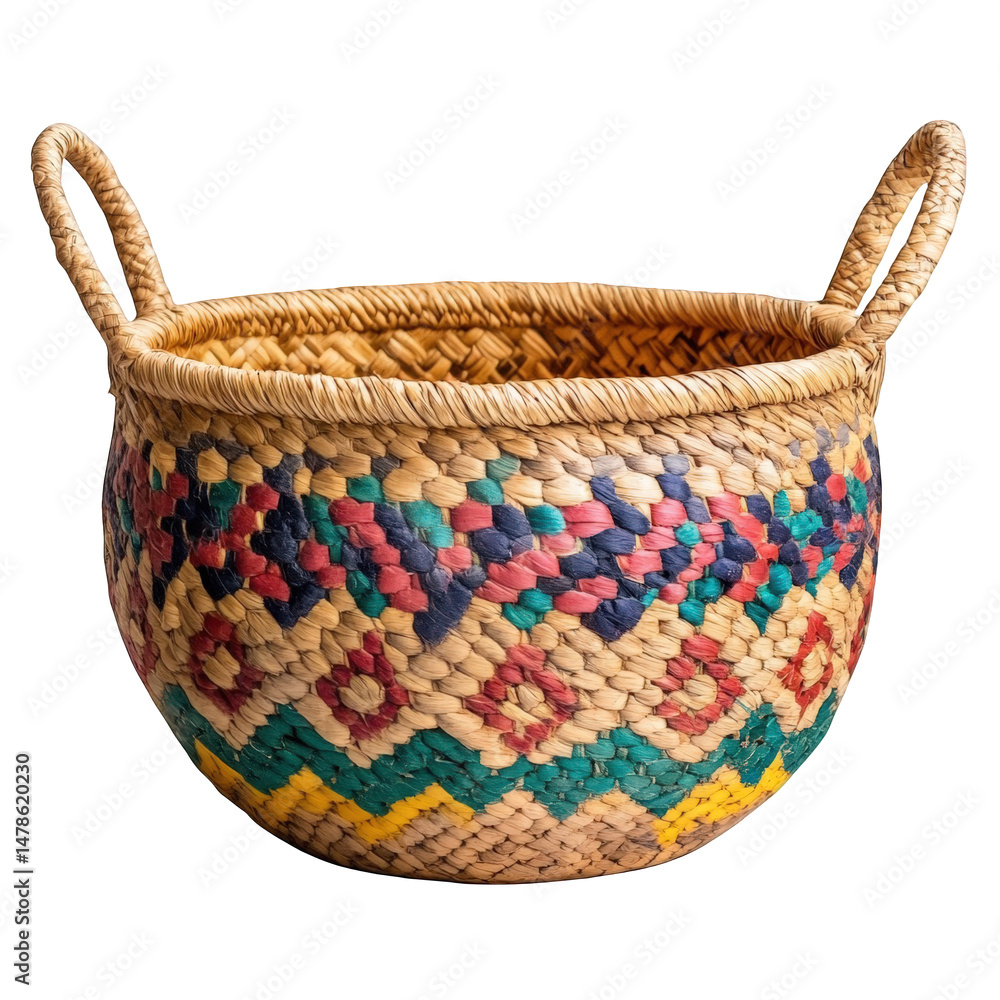 Poster woven straw basket with colorful pattern isolated on a transparent background