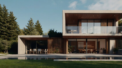 Modern luxury home exterior with a pool, patio, and lush green landscape.