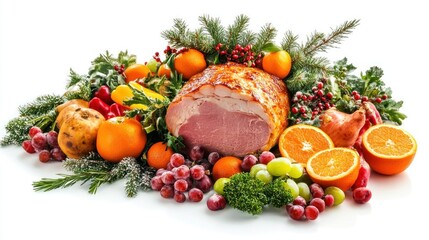 Christmas food. Tasty baked ham, oranges and vegetables isolated on white