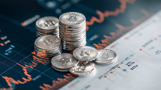 Stacks of crypto coins on a chart with rising trends