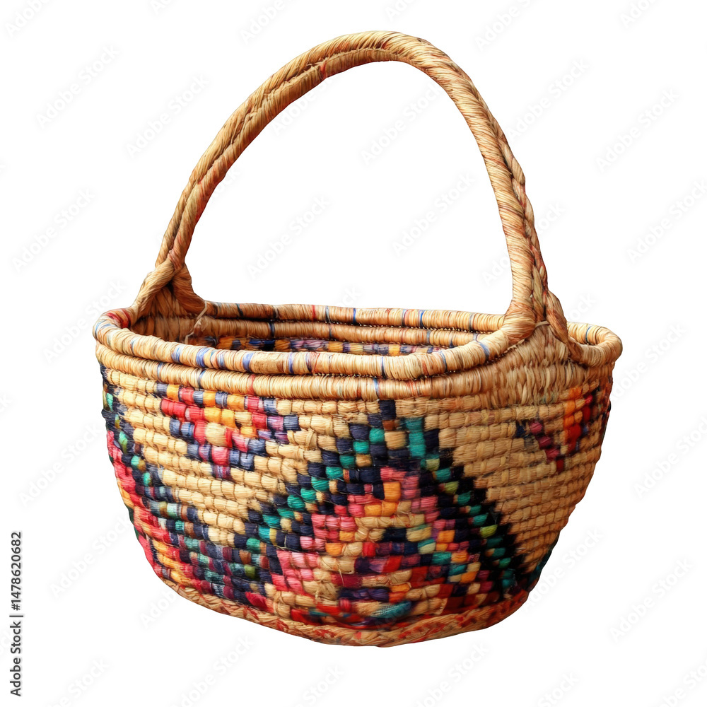 Poster woven straw basket with colorful pattern isolated on a transparent background for crafts and storage