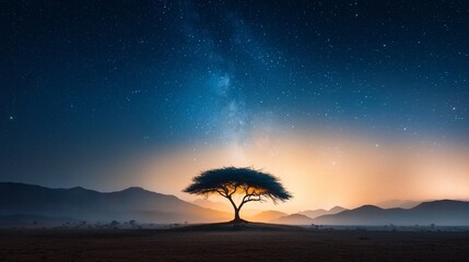 Obraz premium Starry night, solitary tree, serene landscape