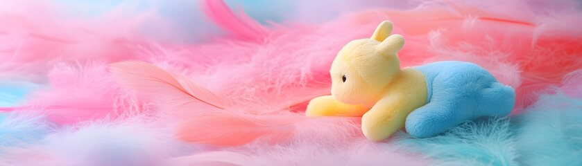 Pastel colored soft toy resting on a cloud-like surface.