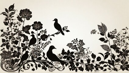 Elegant Black and White Floral Silhouette with Birds and Insects