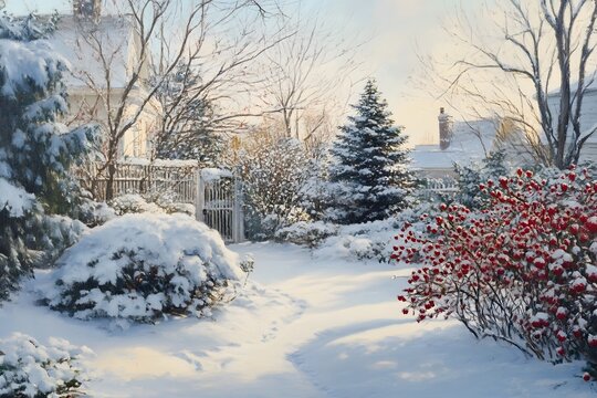 Picturesque winter wonderland scene of a snowy garden with a white fence, trees, and a beautiful sky.