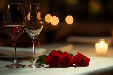 Romantic dinner setting featuring two wine glasses with a glass filled with red wine and red roses on the table.