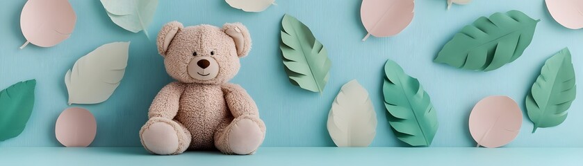 Pastel colored toy bear and decorative leaves on a light blue background.