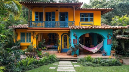 Obraz premium Vibrant Tropical House in Lush Garden