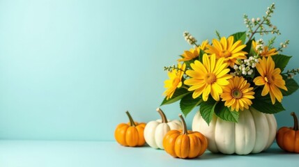 Autumnal Arrangement  Yellow Flowers in a White Pumpkin Vase with Small Orange Pumpkins on a Light Blue Background