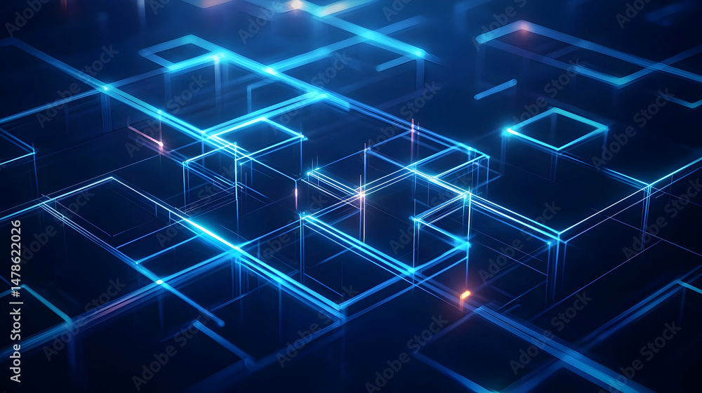 Poster abstract futuristic network design with glowing blue lines and squares