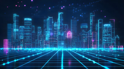 Fototapeta premium Innovating urban landscapes smart city skyline digital grid overlay futuristic view sleek design