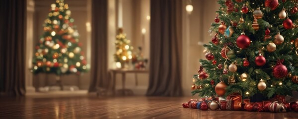 A majestic decorated Christmas tree, vibrant baubles, soft focus lights ,  blurry,  festive
