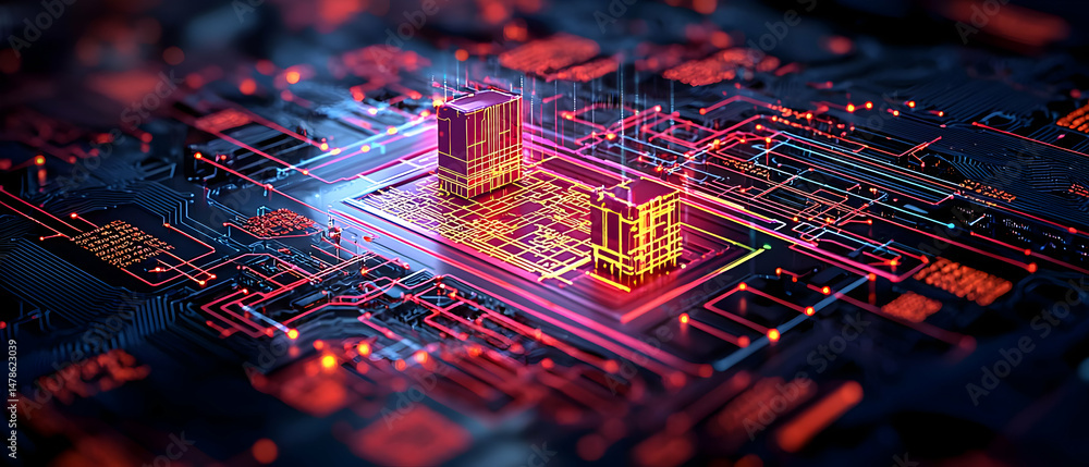Poster abstract circuit board design with glowing red elements