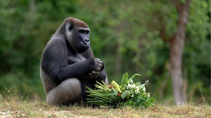 Gorilla with bouquet portrait of a primate in natural environment