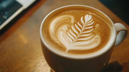 Close-up of Hot coffee latte with latte art milk foam in cup mug and laptop computer
