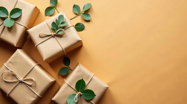 Eco-Friendly Gifts Wrapped in Kraft Paper with Natural Greenery Accents on a Warm Background