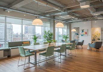Fototapeta premium Modern office space with large table, chairs and city view from the window