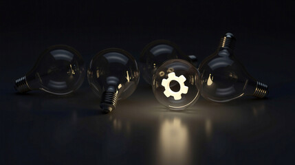 Glass bulbs scattered on a dark background with one glowing bulb containing a gear inside
