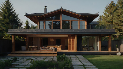 Modern luxury home with Asian architectural influences on a sunny day.