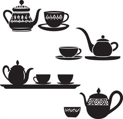 Set of Tea Cups and Teapot silhouette vector