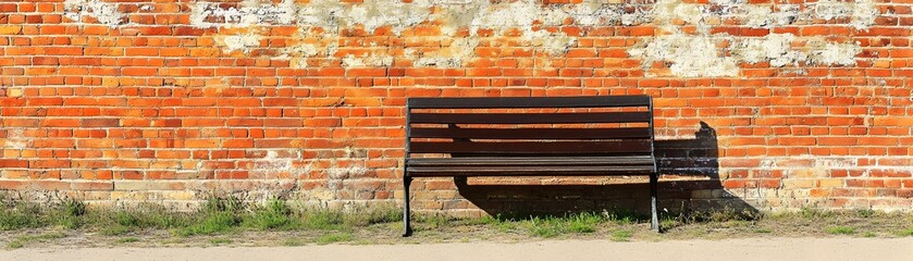 Rustic park bench beside weathered brick wall.