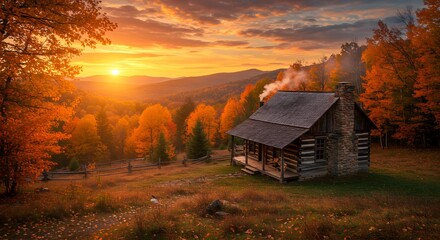 Cabin in Autumn Hills at Sunset