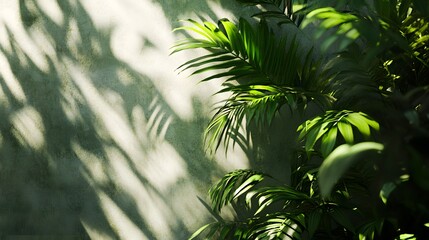Naklejka premium Lush foliage casts dappled shadows on a textured wall.