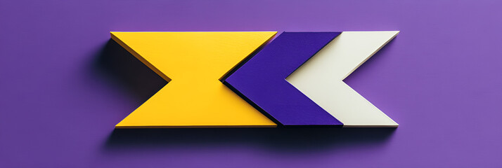 Abstract geometric shapes displayed in a bright arrangement of yellow purple and white colors on a purple background