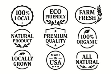 Local organic and farm fresh food label badges set in black and white vector style