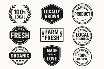 Local organic and farm fresh food label badges set in black and white vector style