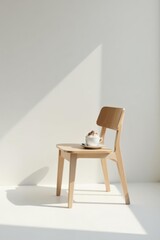 Fototapeta premium A light wooden chair sits in a sunlit room, a warm beverage rests on its seat