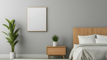 Modern Minimalist Bedroom Interior With Light Gray Walls Wooden Bed And Empty Poster Frame