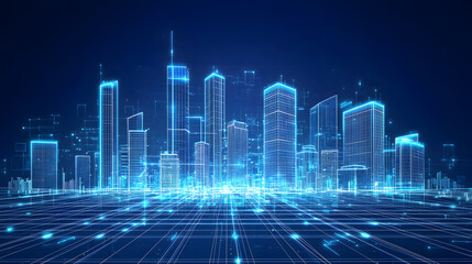 Innovative smart city skyline urban center digital art futuristic environment aerial view digital grid overlay