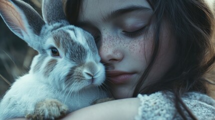 Naklejka premium close-up view of the girl with the rabbit. holding cute furry rabbit.