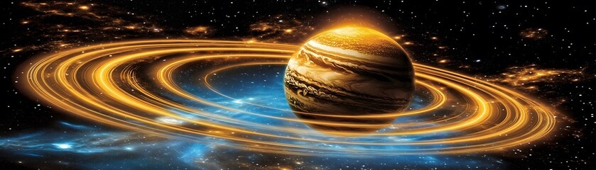 A glowing planet with majestic rings in space.