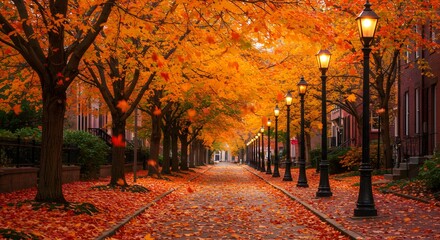 Tree-Lined Autumn Avenue with Street Lamps
