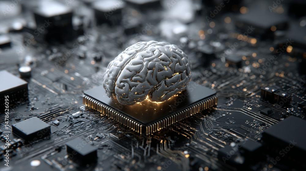 Poster artificial intelligence brain on cpu chip for neural network and machine learning concept design