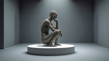 A metal wire human sculpture in a thinker pose on a pedestal under soft ambient light
